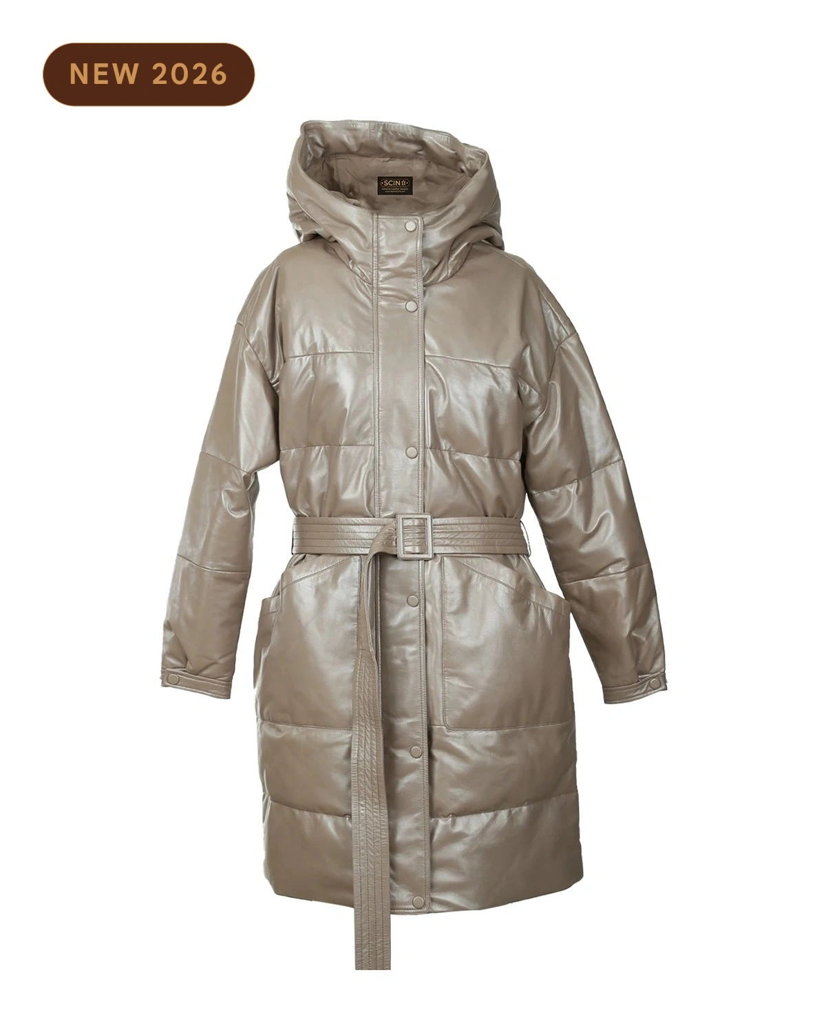 Aurora Belted Leather Puffer Long Coat