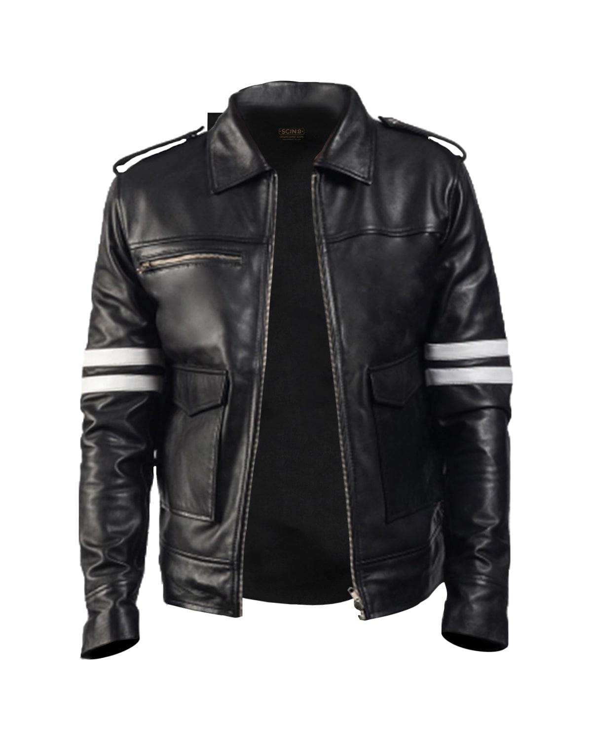 Black leather jacket with white stripes sale