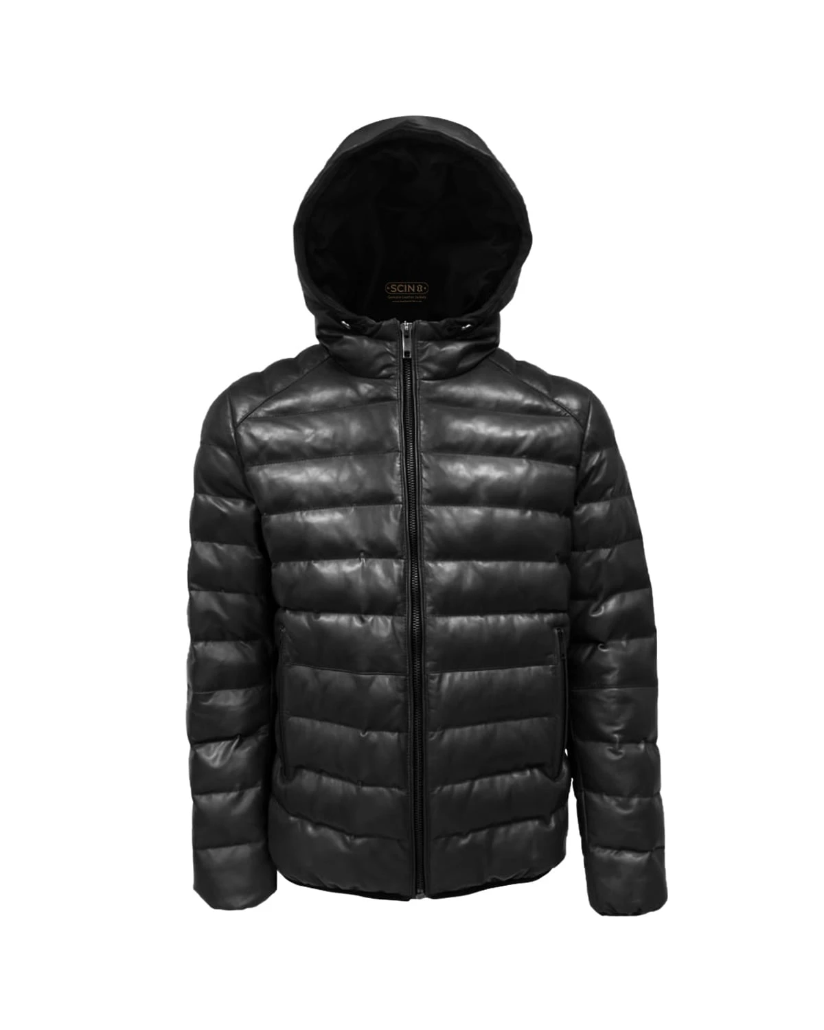 Men's Hooded Leather Puffer Jacket