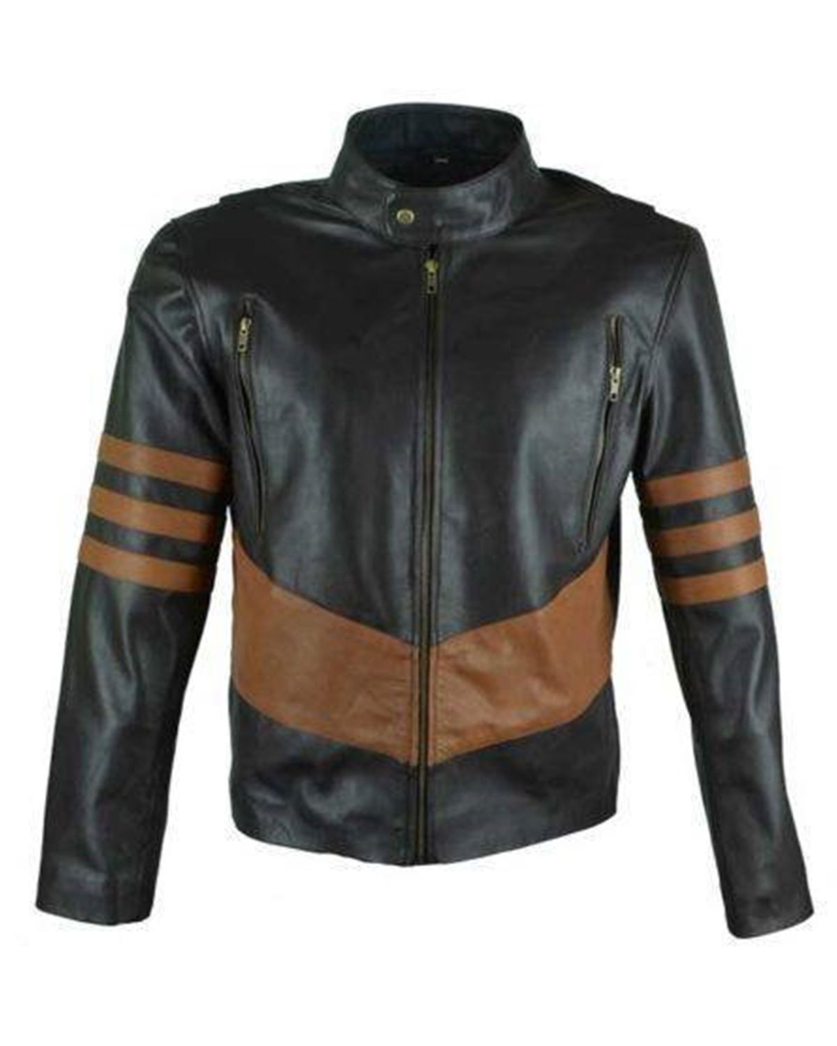 Men's Black Cafe Racer With Brown Stripes Leather Jacket -SCIN