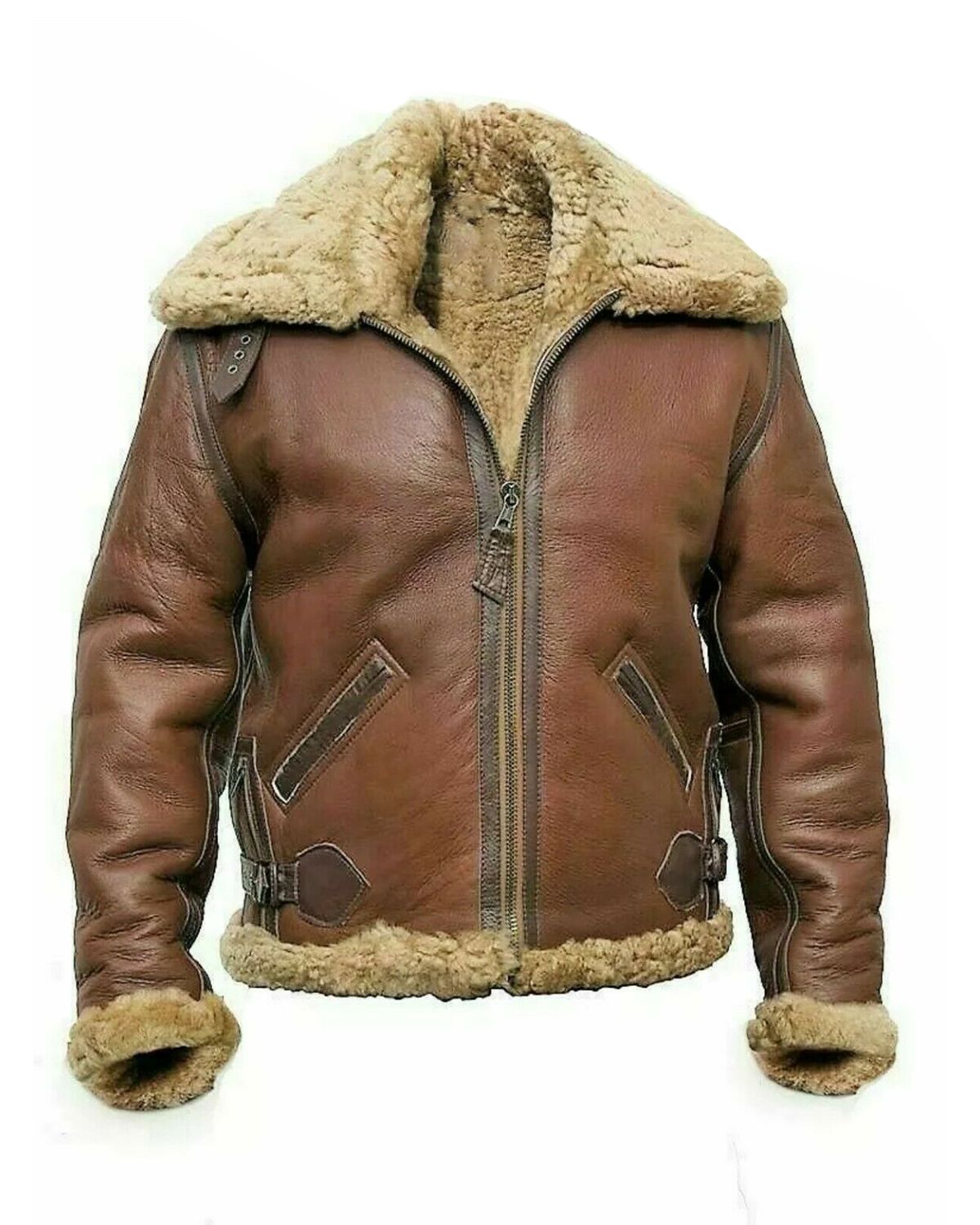 Mens Shearling B3 Bomber Flight Aviator Sheepskin Leather Jacket