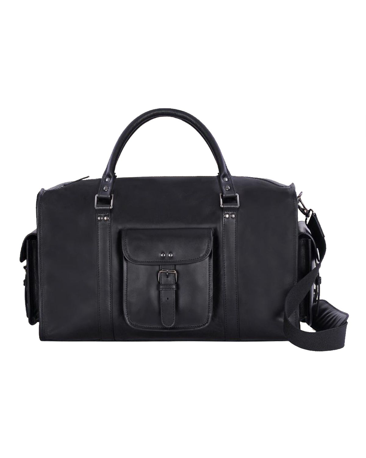 Buckle Pockets Black Unisex Duffle Bag