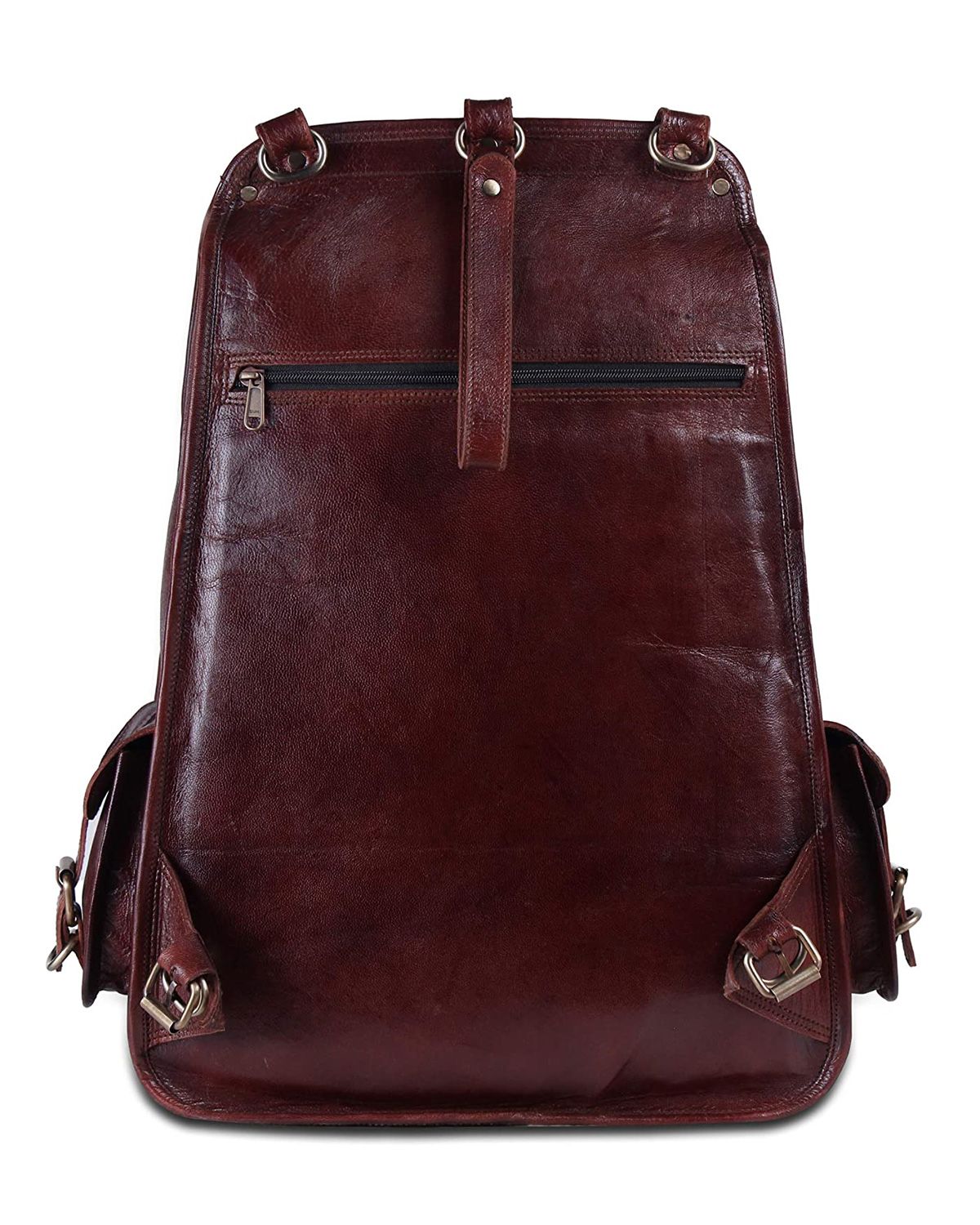 Unisex Three Cargo Pockets Oxblood Full Grain Leather Backpack by Scin