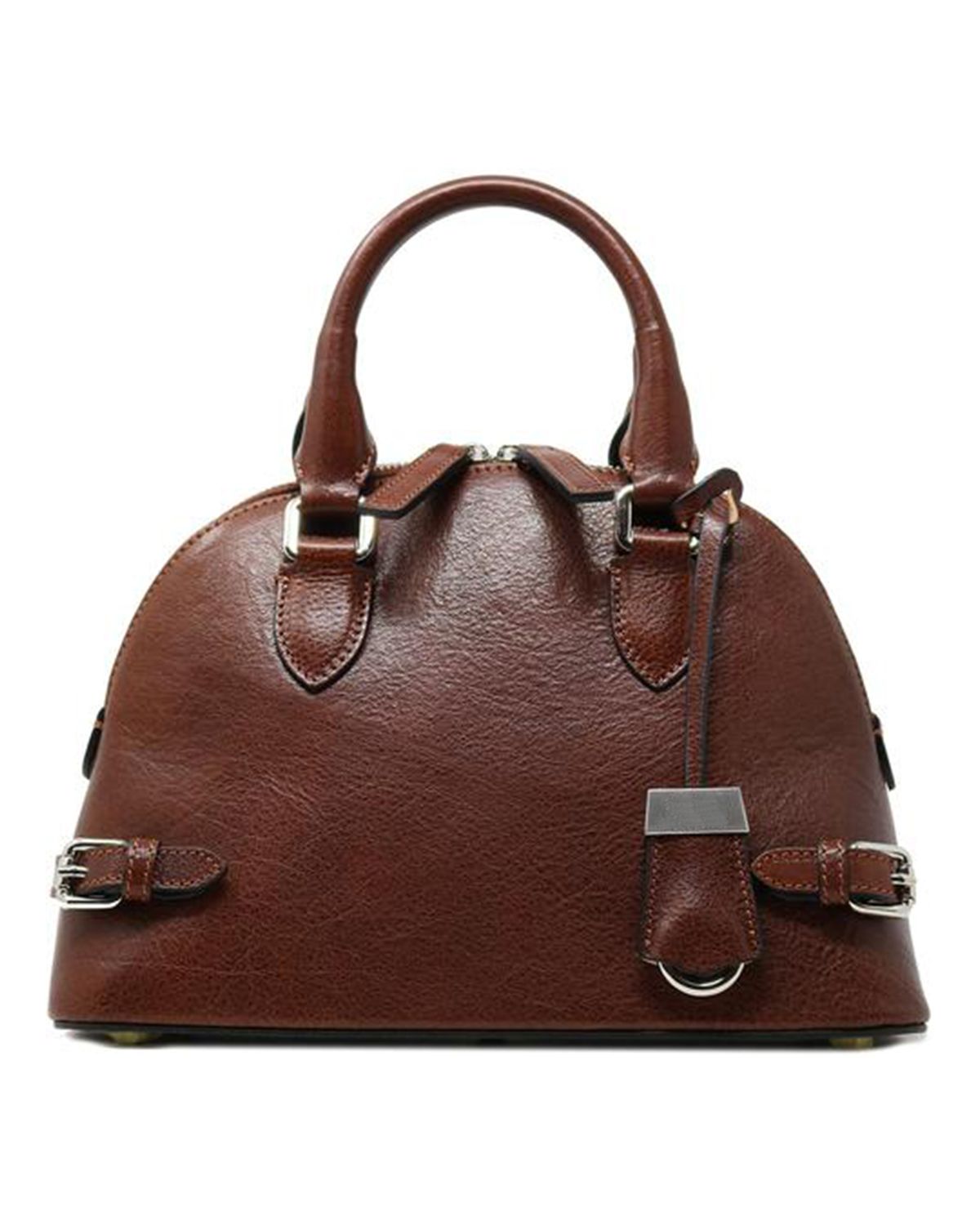 Two Zipper Closure Full Grain Leather Handbag For Women