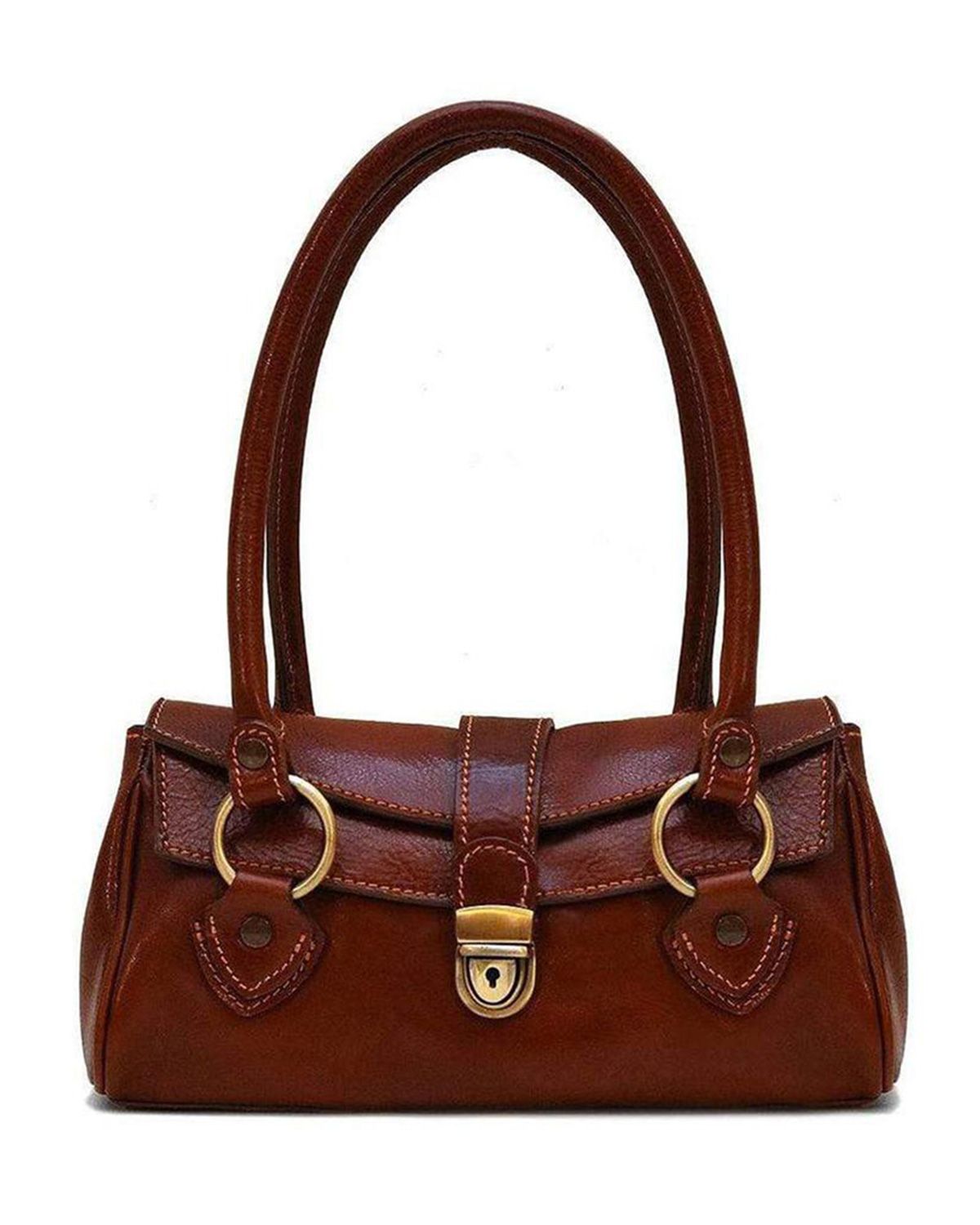 Lock Closure Middle Zip Compartment Full Grain Leather Handbag For Women