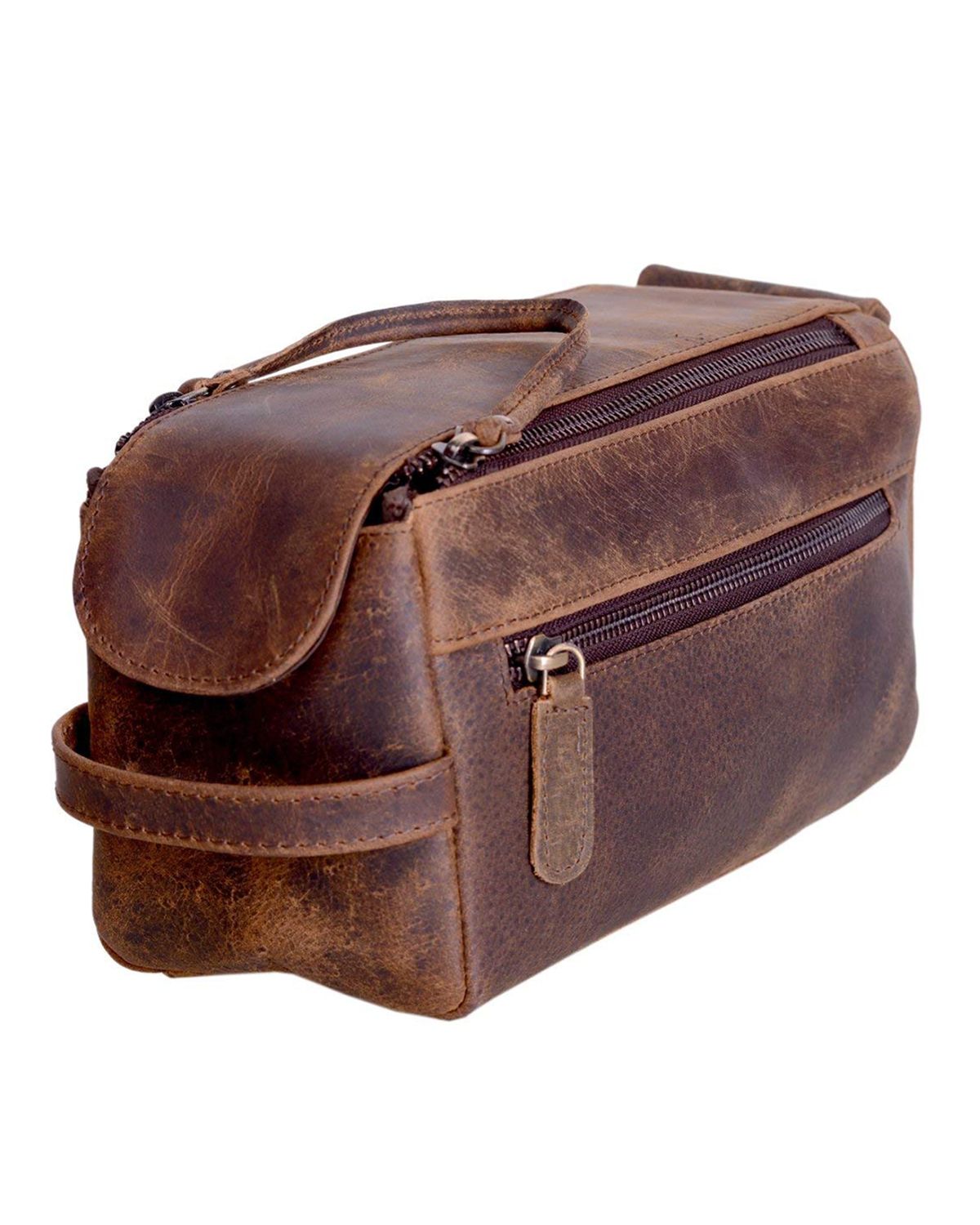 Unisex Double Zip Closure Full Grain Leather Toiletry Bag by SCIN