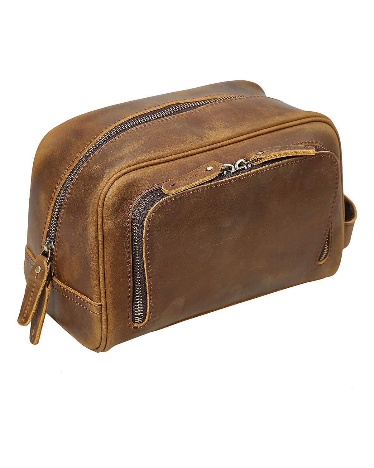 Unisex Front Zipper Compartment Full Grain Leather Toiletry Bag by SCIN