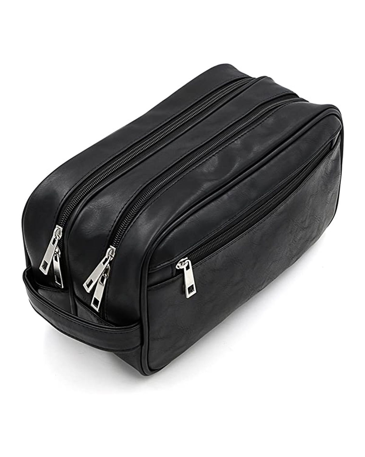 Unisex Outer Zipper Compartment Genuine Leather Black Toiletry Bag by SCIN