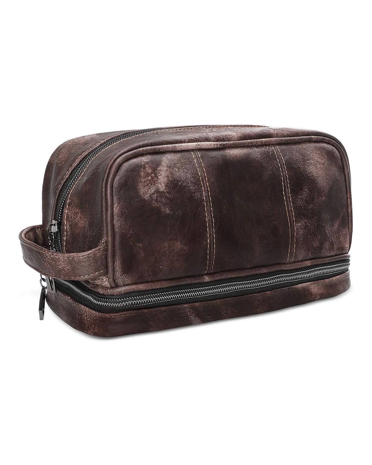 Unisex Front Zipper Pocket Distressed Brown Real Leather Toiletry Bag by SCIN