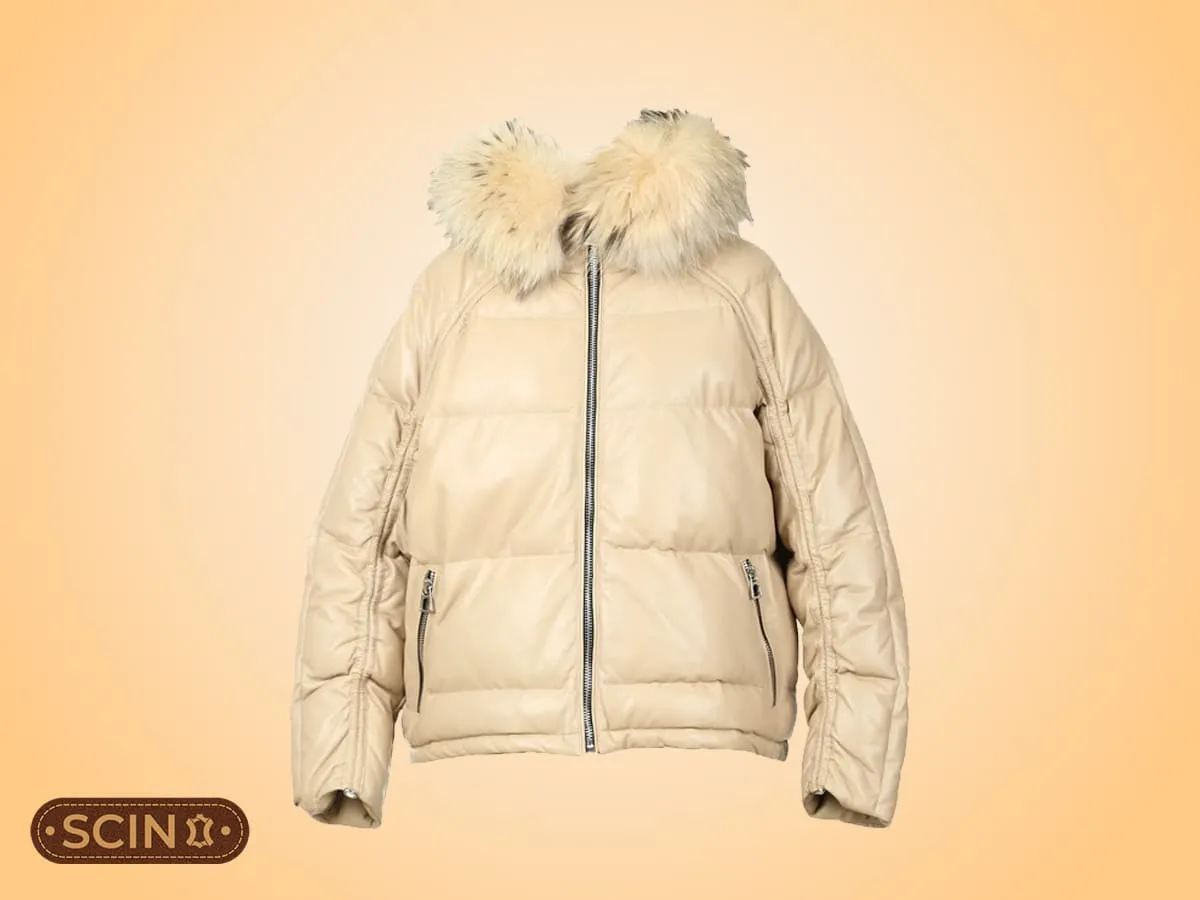 Shop detachable hood real fur leather puffer jacket